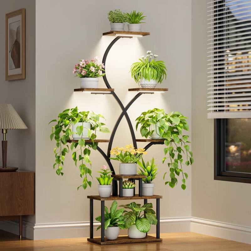 Brown-Black Iron Wood 8-Tier Indoor Tree Plant Stand with Grow Lights and Storage Shelves - 19.68'' L X 10.23'' W x 62” H