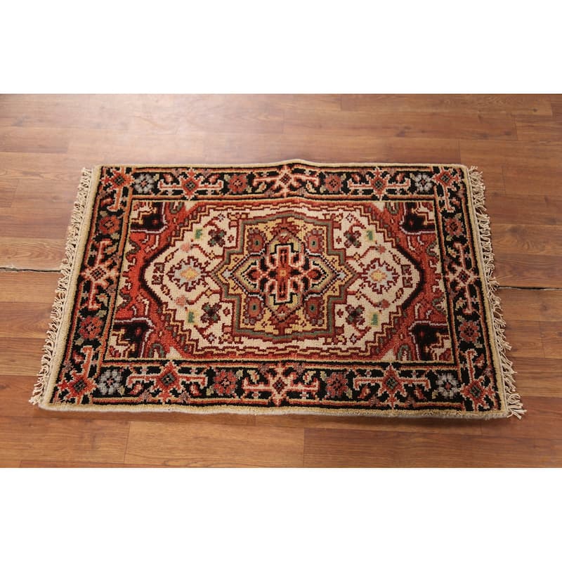 Geometric Heriz Serapi Indian Rug Handmade Beige Foyer Wool Carpet - 2'0"x 3'0"