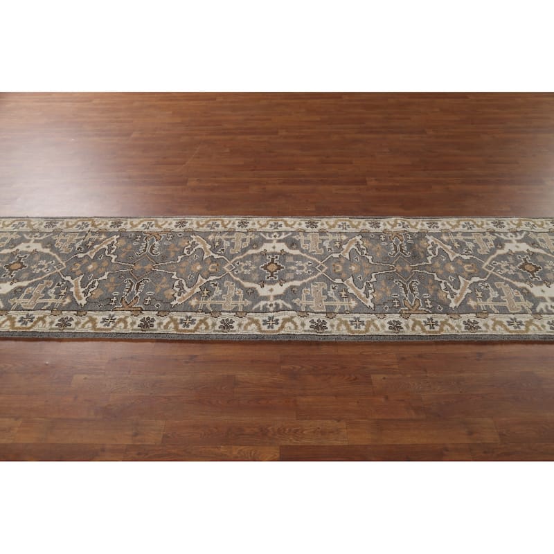 All-Over Gray Oushak Oriental Runner Rug Hand-Knotted Wool Carpet - 2'7"x 11'2"