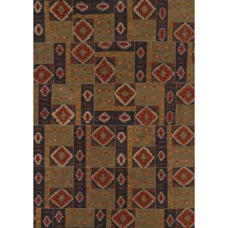 Green & Blue Geometric Kilim Oriental Area Rug Hand-Woven Wool Carpet - 7'8"x 9'10"