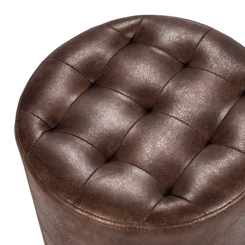 Adeco Round Ottoman Upholstered Tufted Faux Leather Footrest