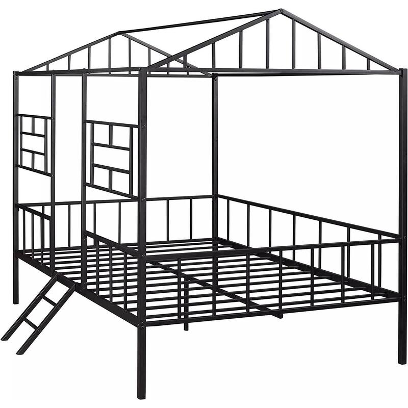 Twin size Metal Bunk Bed with House Design and Angled Ladder