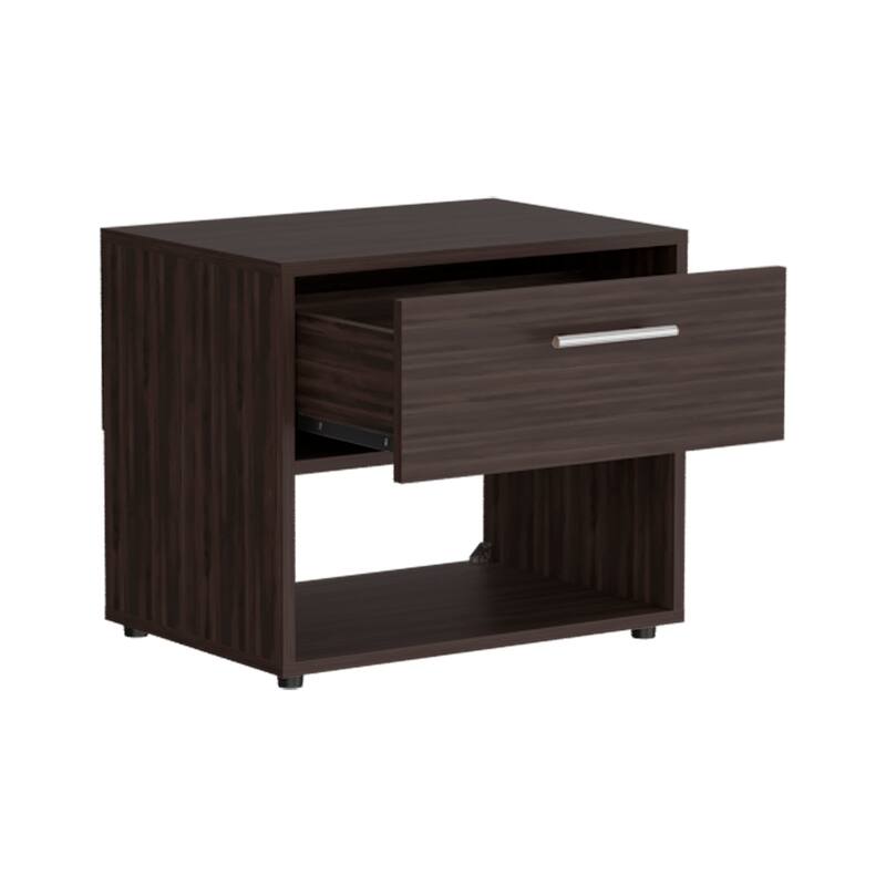 Dark Walnut Nightstand with Drawer and Open Shelf for Bedroom