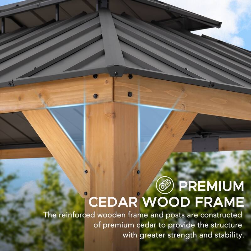Sunjoy Outdoor Cedar Wood Frame Patio Gazebo Steel Hardtop