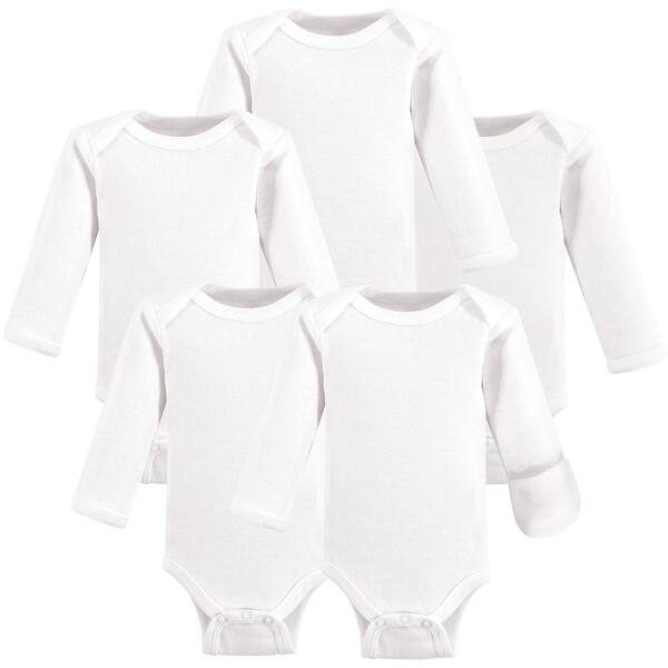 slide 1 of 1, Hudson Baby Cotton Preemie Long-Sleeve Bodysuits 5pk, White, Preemie - White Long-Sleeve Preemie - White Long-Sleeve