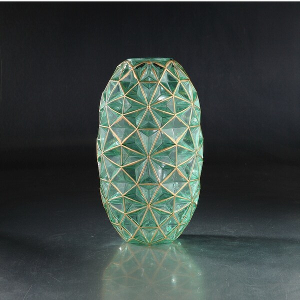 13.5” Green Diamond Pattern Glass Oval Vase - N/A