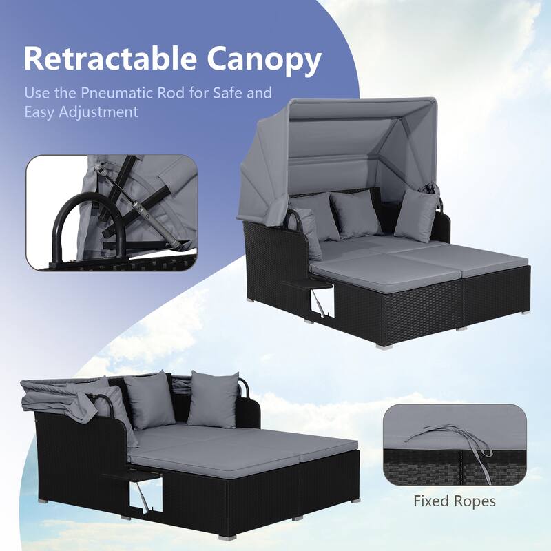 Outdoor Patio Daybed with Canopy and Foldable Side Trays - 65" x 60.5 x 58.5"
