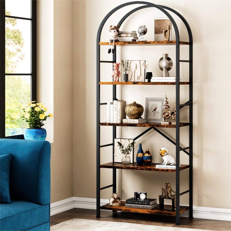 Futzca 5 Tiers Bookshelf Arched, Wooden Bookcase Display Rack - Black/Brown