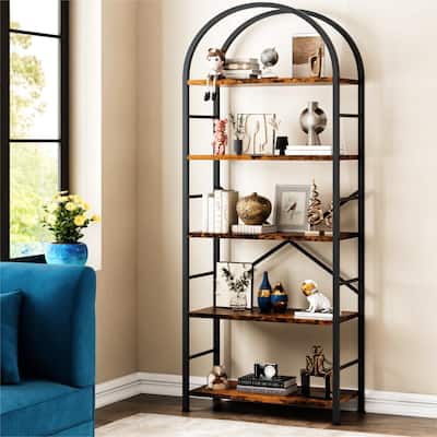 Futzca 5 Tiers Bookshelf Arched, Wooden Bookcase Display Rack