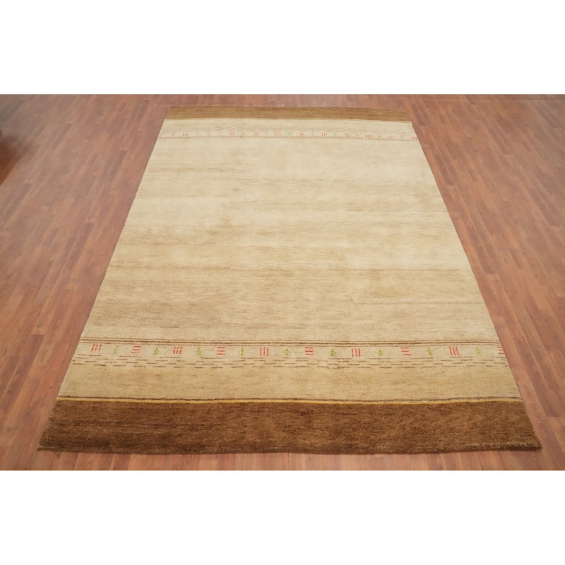 Hand Knotted Oriental 100% Wool Carpet Modern Geometric Beige & Ivories Gabbeh Area Rug - 11' 5'' X 8' 0''