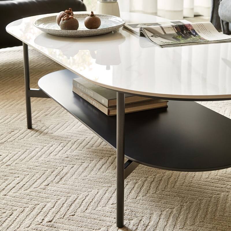 Modern Ceramic Coffee Table with Walnut Finish Shelf - Elegant Living Room Center Table
