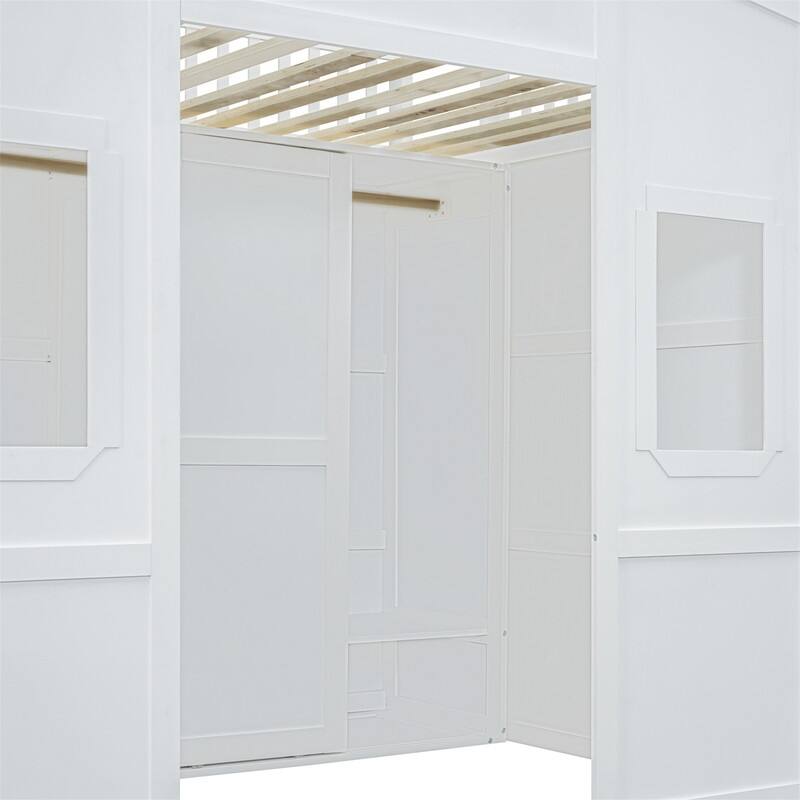 Solid Wood Loft Bed w/ Bulit-in Wardrobe, Hanging Rod & Storage Shelves, Twin/Full Size Playhouse Design Loft Bedframe w/ Window