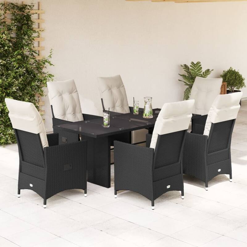 vidaXL Patio Dining Set with Cushions Table and Chairs Outdoor Black Poly Rattan - 23.2 x 22 x 36.2 - Black 6-seater Glass