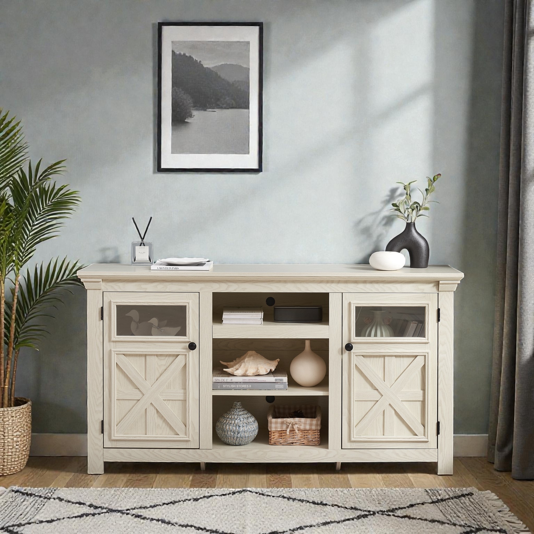 60 Inch Farmhouse TV Stand with Barn Doors, White Media Console with Storage for Up to 65 Inch TVs