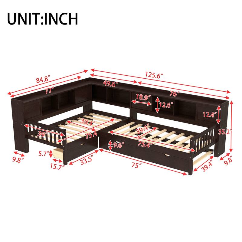 L Shaped Twin Platform Bed with Pull Out Trundle and Drawer, Solid Wood Twin Size Bed Frame with L Shaped Storage Bookcases