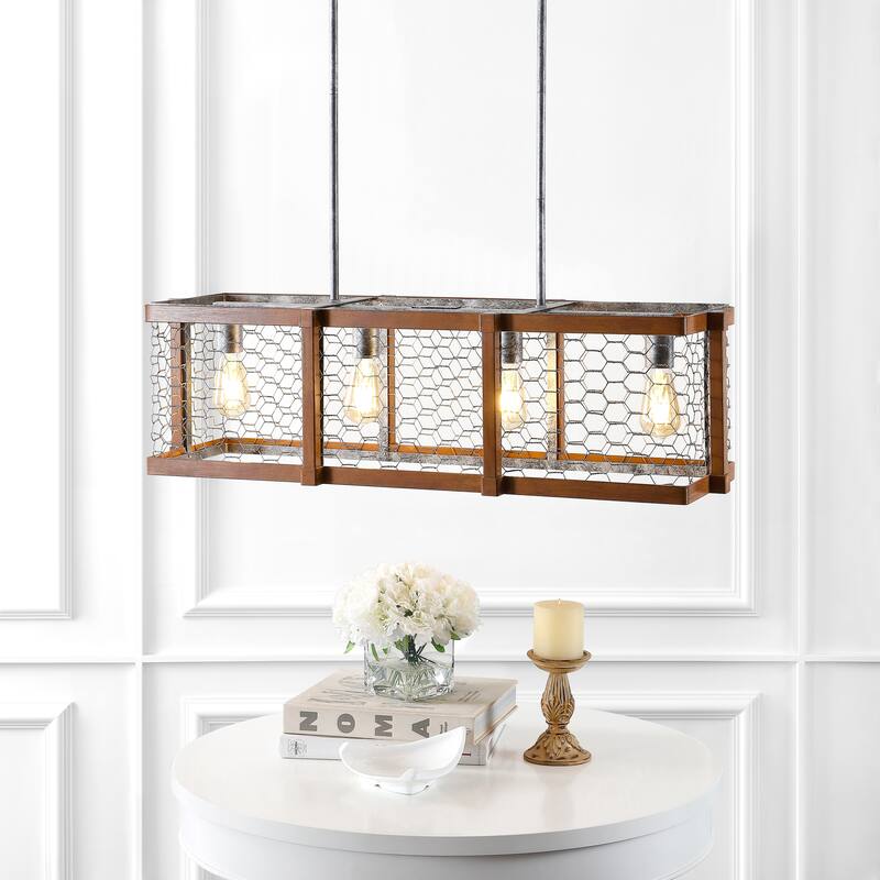 Gatsby 34.5" Linear 4-Light Adjustable Iron Rustic Industrial LED Pendant, Brown/Silver by JONATHAN Y