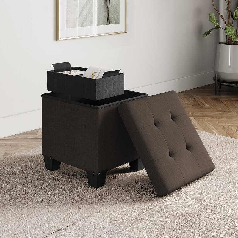 Empyrean Tuffted Folding Foot Rest Storage Ottoman Bench with Storage Bins - 15 Inch - Brown Fabric