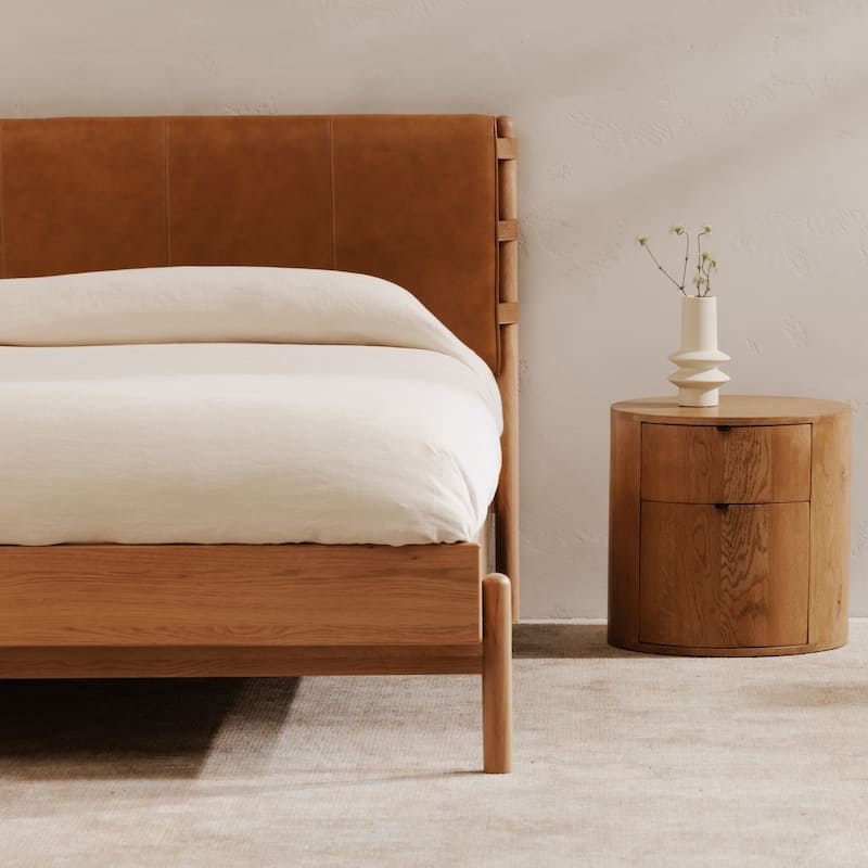 NADAAL STUDIOS Odette Queen Bed - Soft Low Design in Solid Oak and Oak Veneer in Light Brown