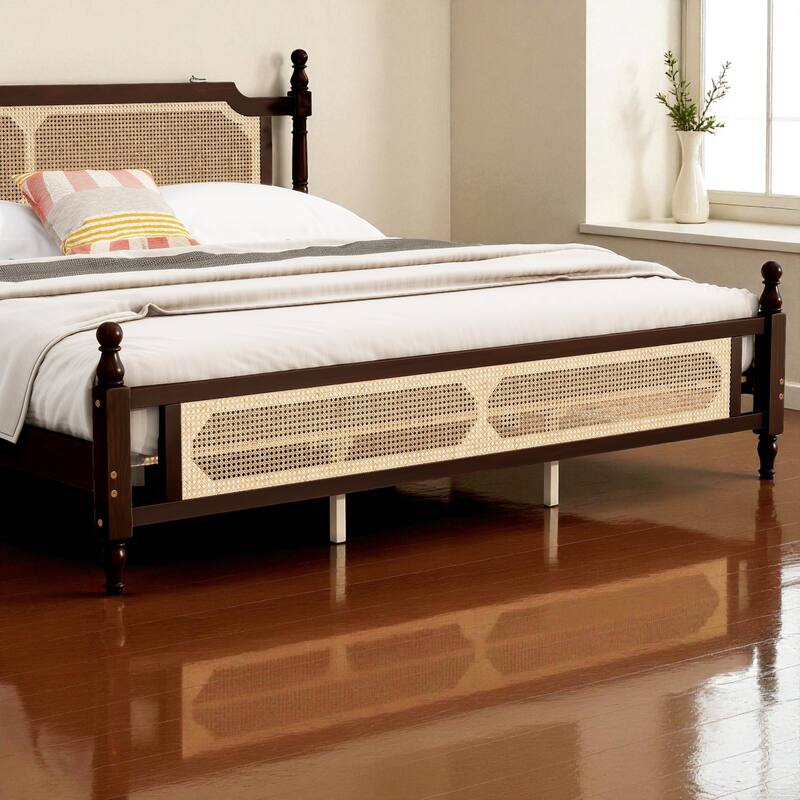 Queen/King Size Pine Wood Bed with Rattan Headboard and Footboard, Solid Frame with Central Support and Under-Bed Storage