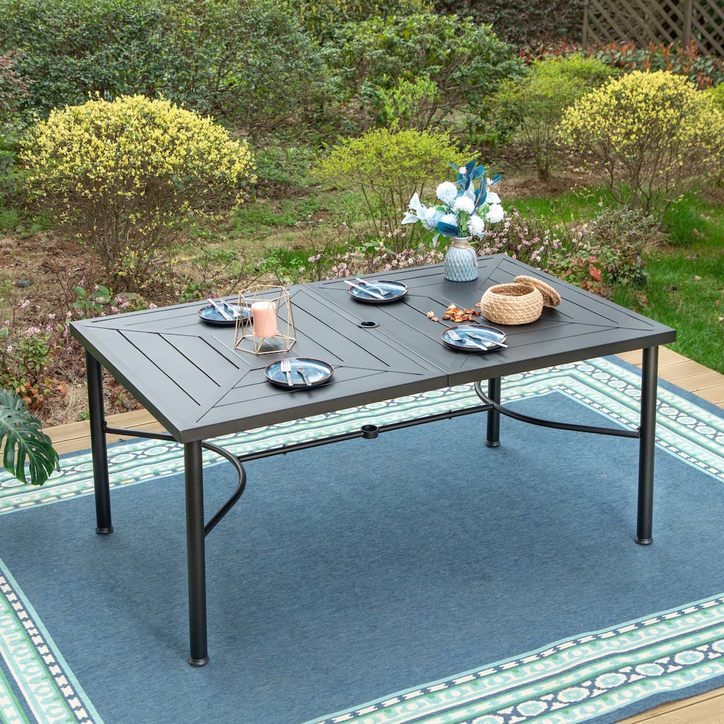Outdoor Metal Dining Table Rectangle with Umbrella Hole for 6 People