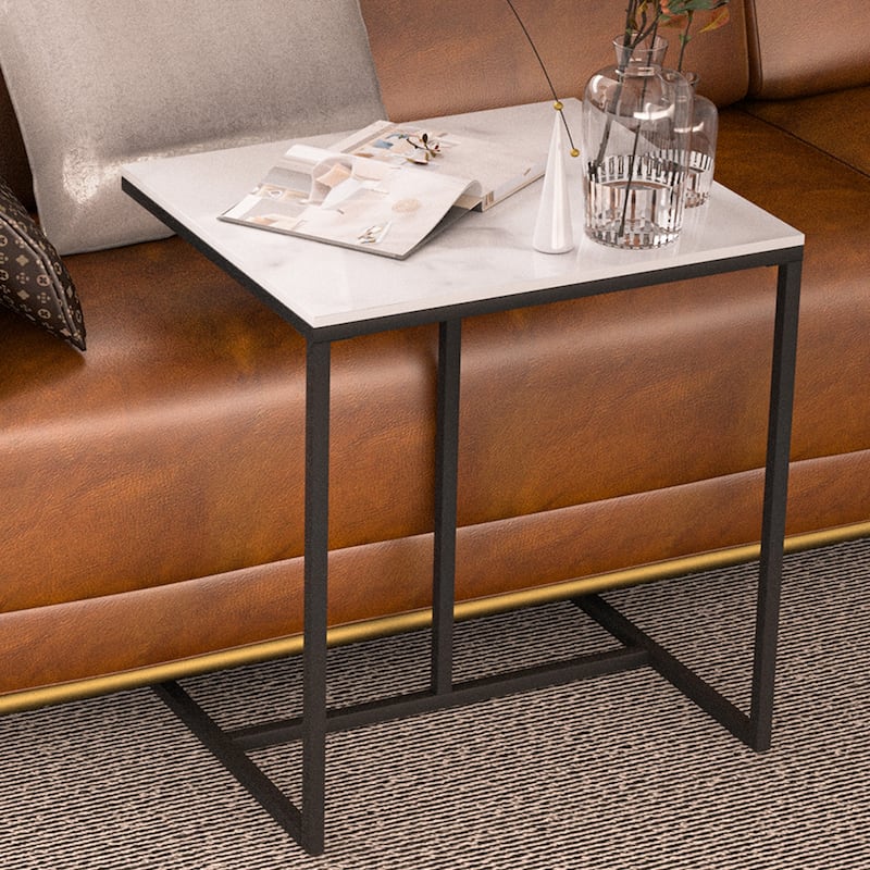 Sintered Stone Sofa Side Table End Table Sofa C Table for Living Room - 17.8x15.6x20.7inch - Black and White