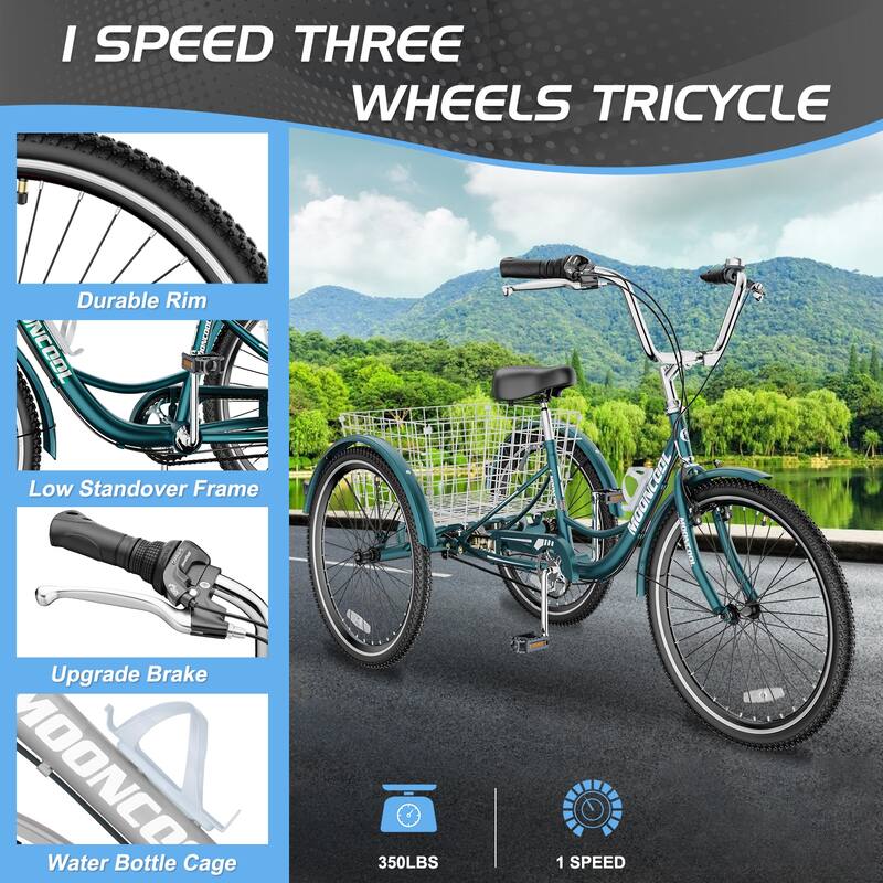 Docred 16" and 24" Tricycle 1-Speed 3 Wheel Trike Bike with Basket