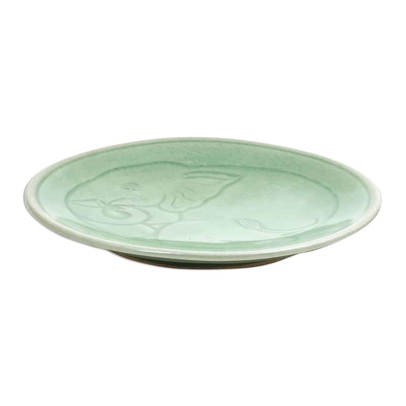 Novica Handmade Sleeping Elephant Celadon Ceramic Dessert Plate
