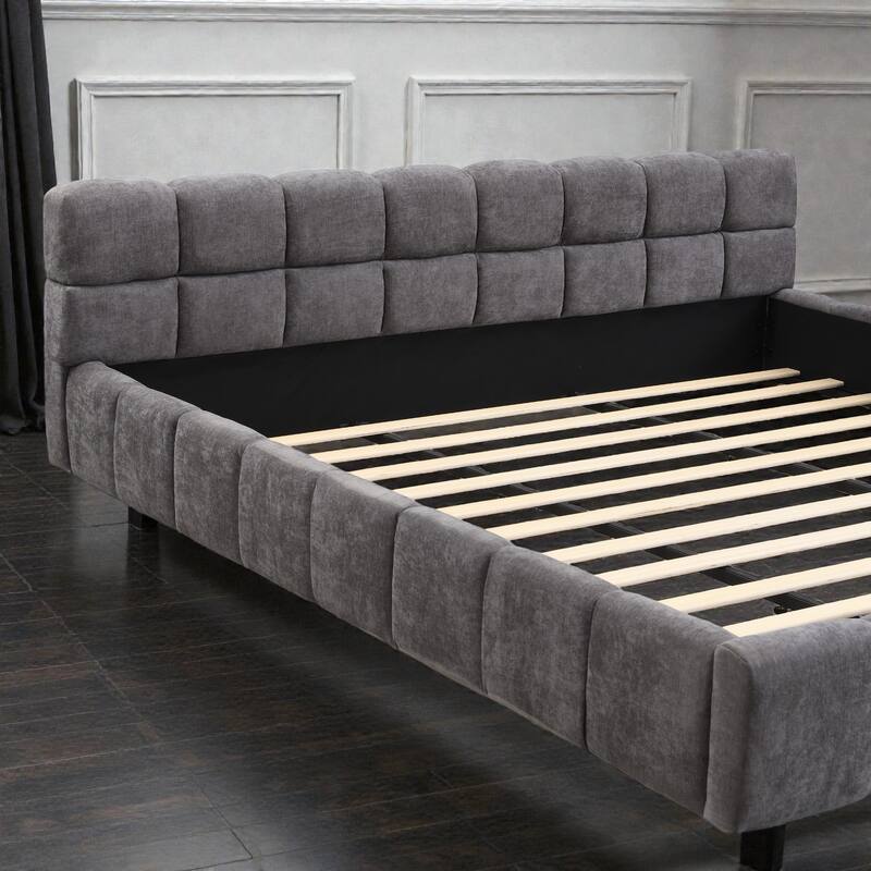 Chenille Upholstered Queen/King Bed with Checkerboard Headboard, Soft Fabric Platform Bed Frame, Modern Elegant Design