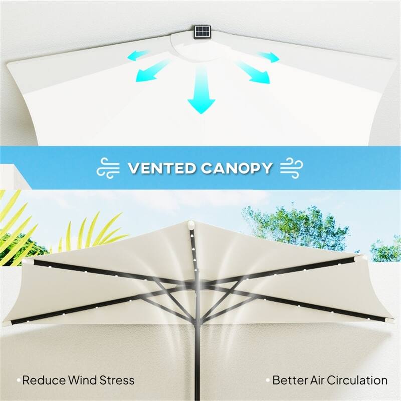 8.5’ Half Patio Umbrella with Solar Panel Lights and UPF 30+ Protection Hand Crank Air Vented Top - 8.5' L x 4.5' W x 7.6' H