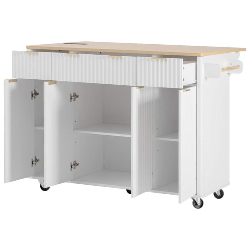 Fluted 55.5" Kitchen Island with Drop Leaf, Rolling Island Table with Drawers, Power Outlet for Functional Kitchen Organization