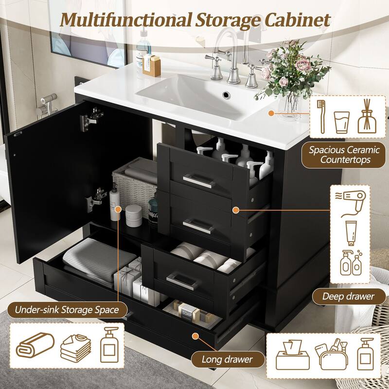 Elegant 36-Inch Bathroom Vanity with Undermount Ceramic Sink, Soft Close Storage Drawers, Silver Handles - Contemporary Look