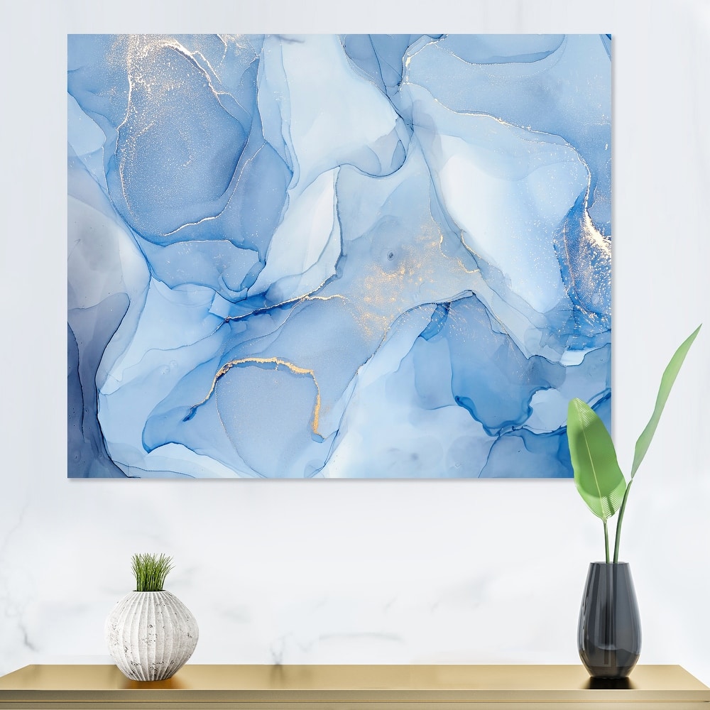 Designart "Liquid Ink Art In Shades Of Light Blue I" Modern Canvas Wall Art Print