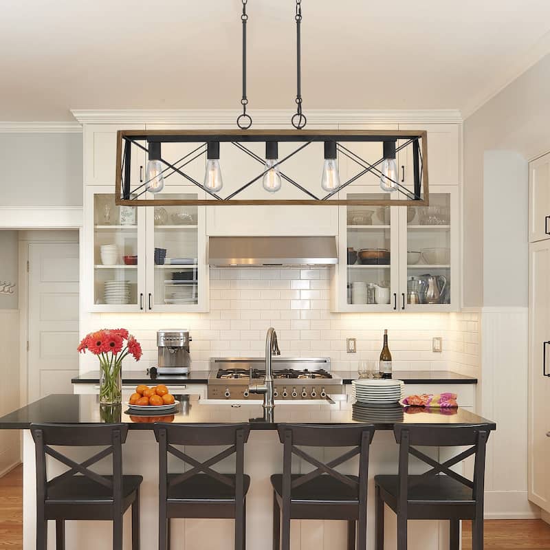 Kiro 5-light Farmhouse Linear Chandelier Faux Wood Dining Lighting with UL Certified - 36''