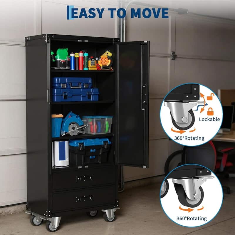 Heavy-Duty Metal Garage Storage Cabinet with Drawers & Lockable Wheels - N/A
