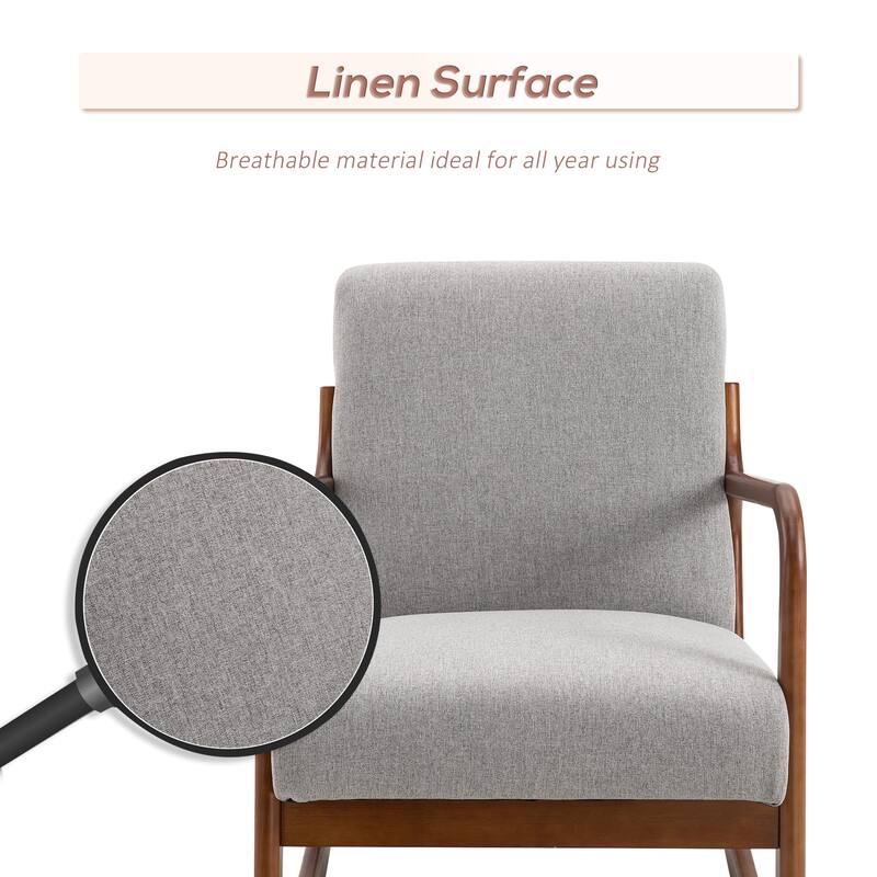 Grey Modern 25.3" High Back Upholstered Rocking Chair with Solid Curved Wood Base and Linen Padded Seat