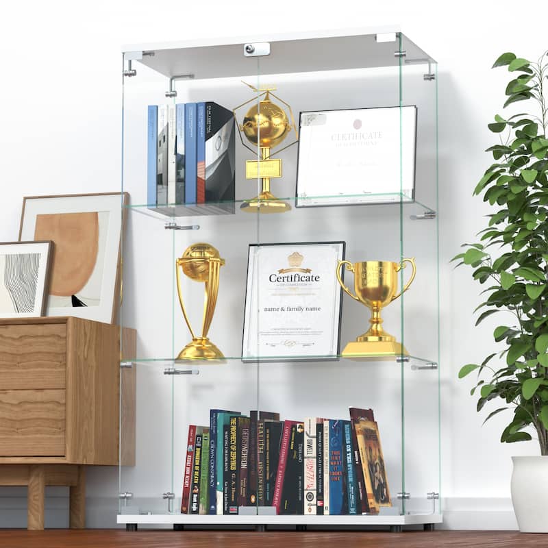 Glass Display Cabinet with Doors & Locks, Acrylic Shelves, Floor Standing Storage Showcase for Home or Office