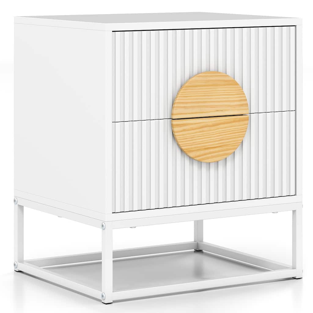 Modern Wooden Fluted Nightstand with 2 Storage Drawers and Metal Base for Bedroom