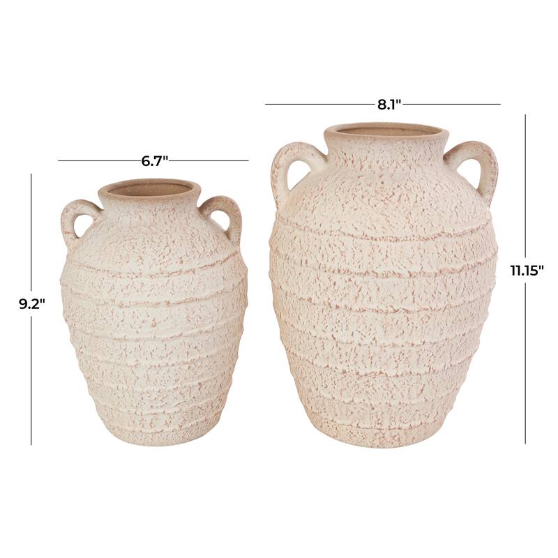 Ceramic Textured Vase with Handles and Terracotta Accents - Set of 2 Cream - Roche River Decor - 8"W x 8"L x 11"H