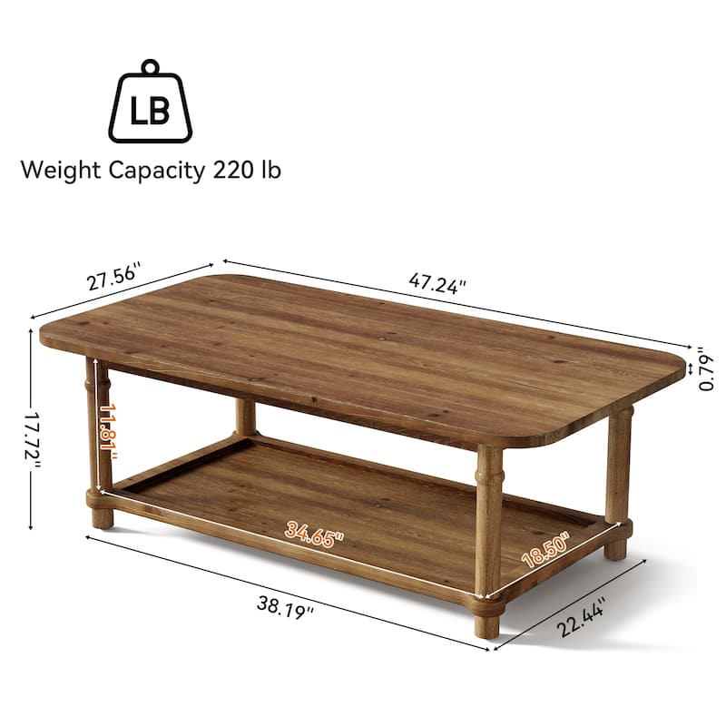 47" Rectangle Coffee Table with Storage Shlef, Solid Wood, Turned Leg