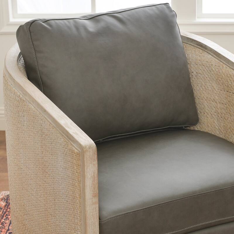 KINWELL 31"W Oak Frame Upholstered Swivel Barrel Armchair