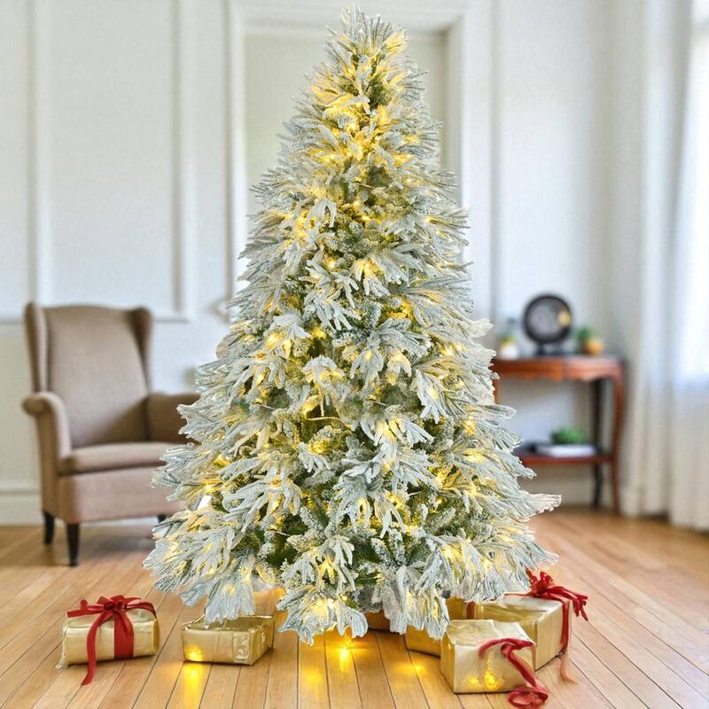 6ft Snow Flocked Pre-Lit Spruce Christmas Tree with 300 LED Lights and 790 PE Tips, Hinged Holiday Décor - Green