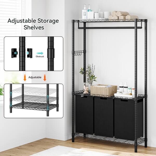 Laundry Hamper Sorter with Garment Rack Hanging Rod Storage Shelf - On ...