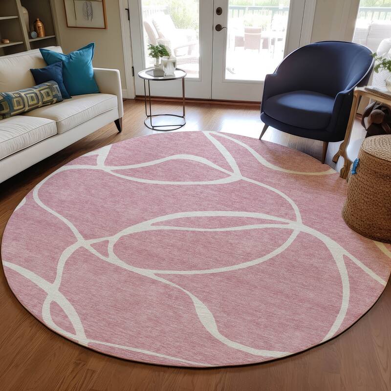 Machine Washable Indoor/ Outdoor Abstract Modern Chantille Rug - Pink - 8' x 8'