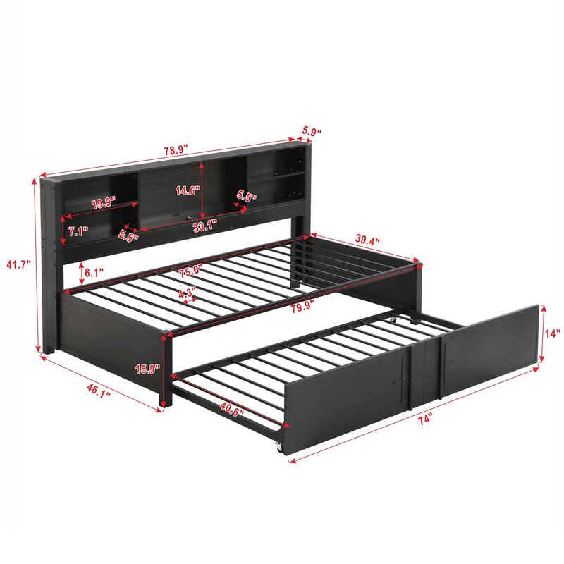 Twin Size Daybed with Trundle and Built-In Storage Shelves - Metal Frame with USB Ports, Perfect for Guest Rooms