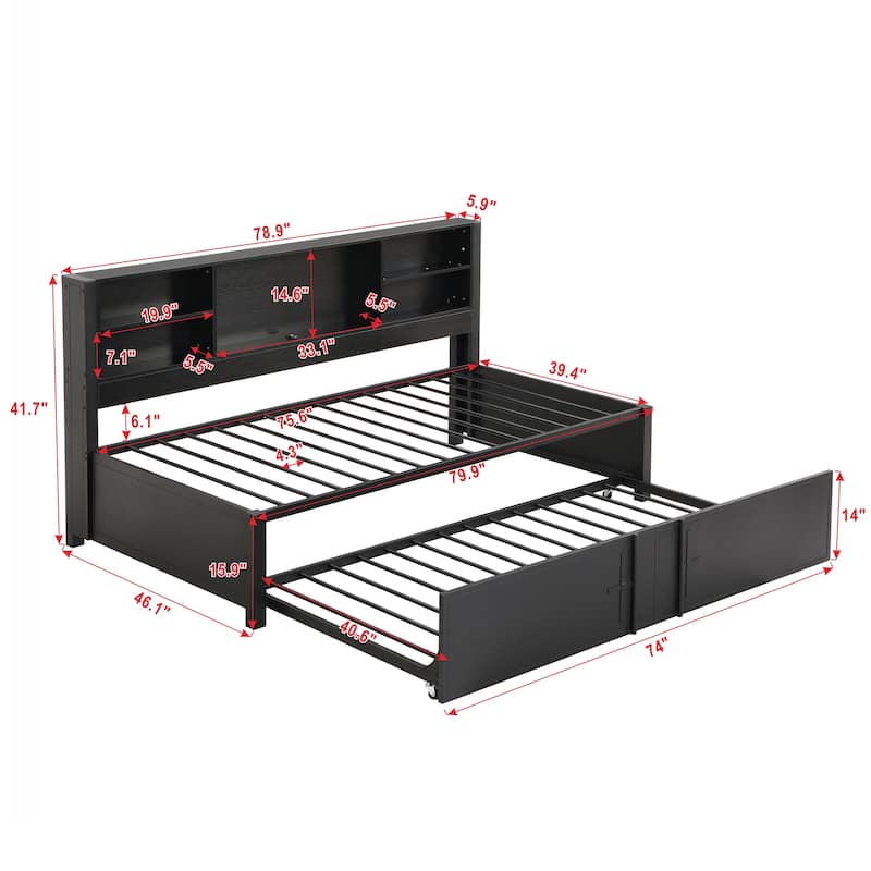 Twin Size Daybed with Trundle and USB Ports, Metal Frame with Storage Shelves