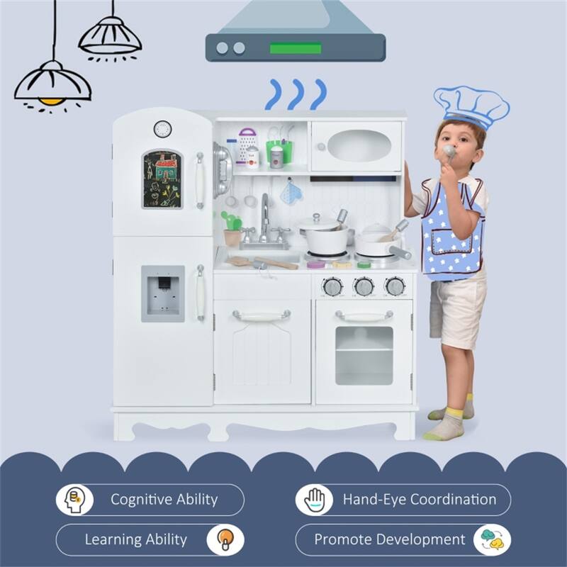 Kids Wooden Kitchen Playset with Sink Stove Phone Accessories and Storage White Pretend Cooking Toy - 41x28 in