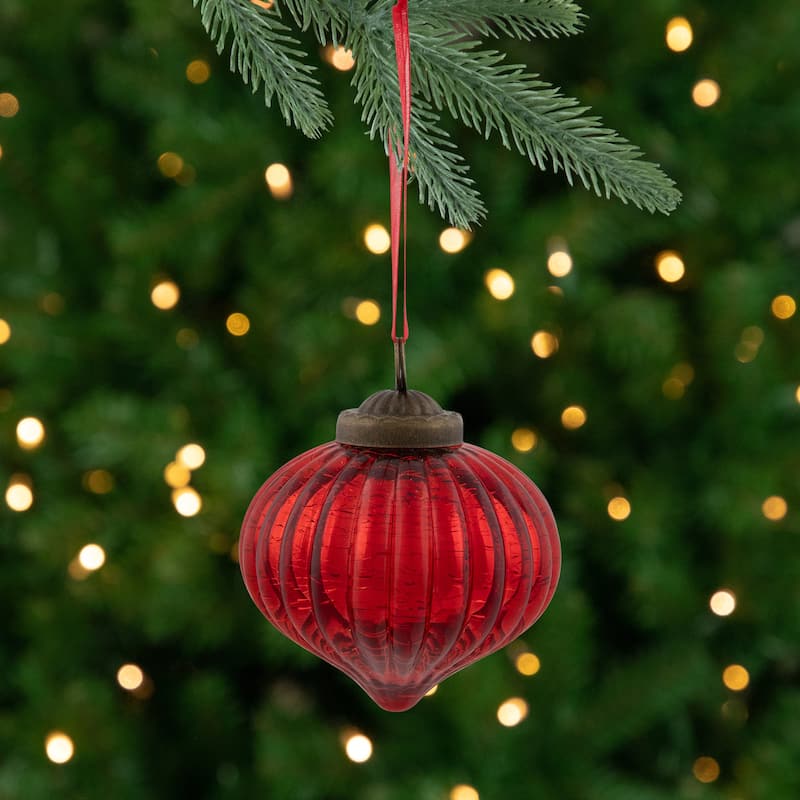 3" Crackle Glass Onion Christmas Ornament - Red