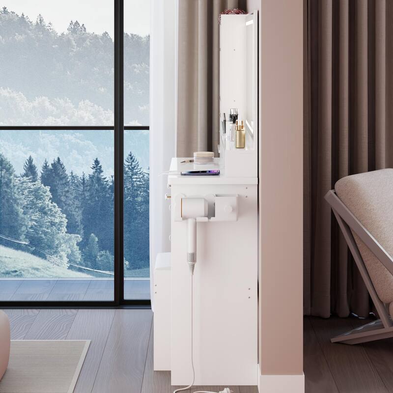 41" Large Size Left Bedside Cabinet Vanity Table + Cushioned Stool Dresser Set, 2 AC+2 USB Power Station, Hair Dryer Stand