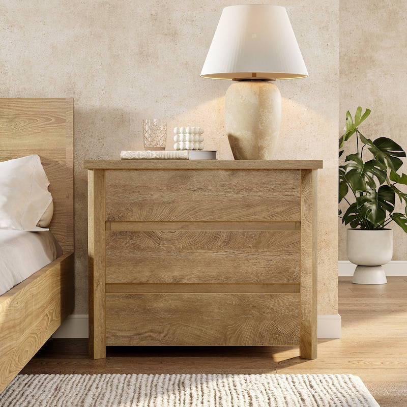 Oversized 3-Drawer Wood Nightstand, Large Storage Night Stand for Bedroom