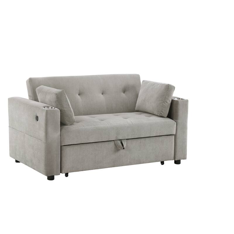 3 in 1 Convertible Pull Out Couch, Tufting Loveseat with Cupholders and USB Ports, 2 Seater Sofa with Pillows and Storage Bag